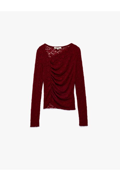 Long Sleeve Slim Fit Draped Asymmetric Collar Lace Blouse