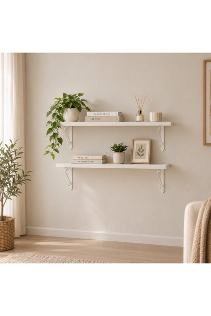 Erdem Mobilya 2’li Beyaz Duvar Rafı – Beyaz Raf & Beyaz Metal Ayaklı, 100x20 cm