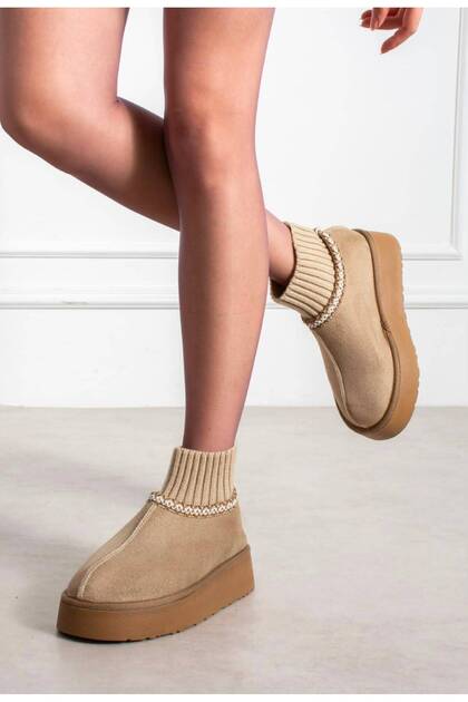 Women's Winter Boots Mini Suede Fur Lined Knitwear Ankle High Thick Sole Gondol Light Mink