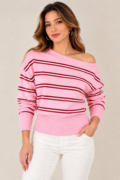 Women's Gray Striped Boat Neck Knit Sweater – Long Sleeve Loose Fit Model