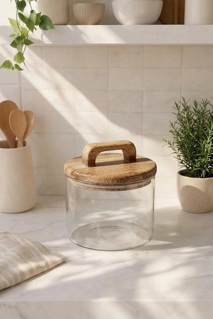 Wooden Vacuum Lid Borosilicate Glass Jar Spice Container 450 ml