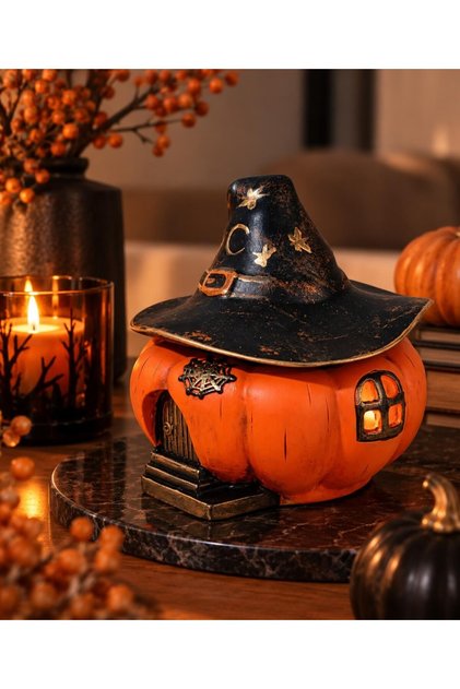 Turuncu Halloween Temalı Kapaklı Balkabağı Büyücü Şapkalı Dekoratif Obje Hediyelik Saklama Kutusu Biblo