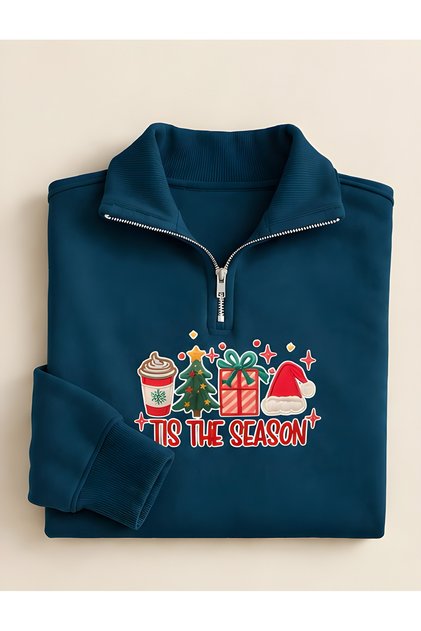 New Season 3 Threaded Combed Cotton Half-Zipper Christmas Themed Sweatshirt