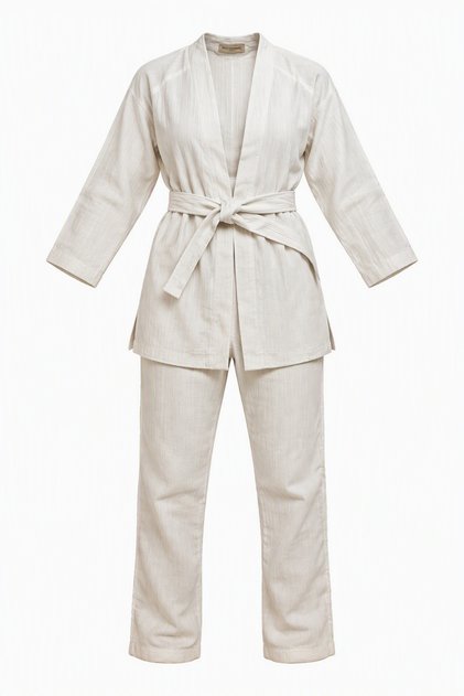 Compleu Damă Alb cu Kimono și Pantaloni, Set Elegant Casual