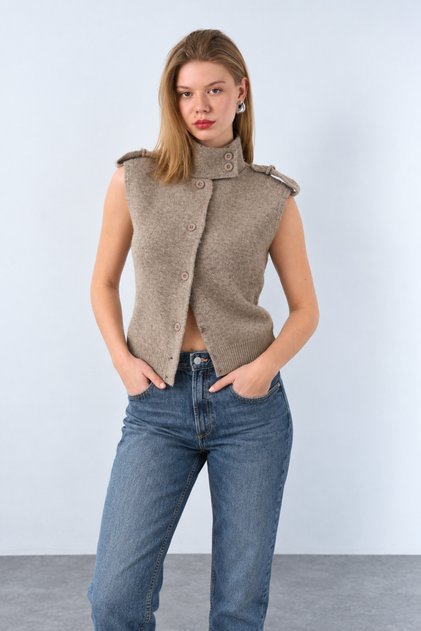 Women's Beige Sleeveless High-Neck Button Detailed Wool Knit Vest