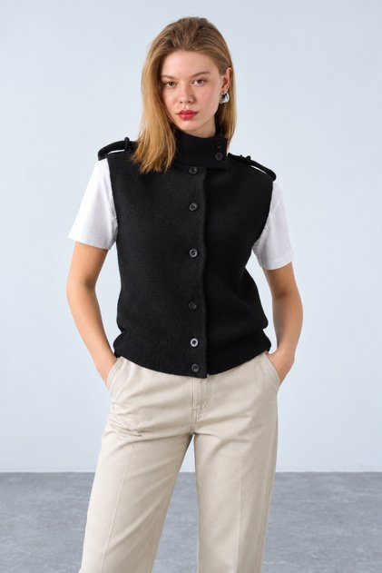 Women's Black Sleeveless High-Neck Button Detailed Wool Knit Vest