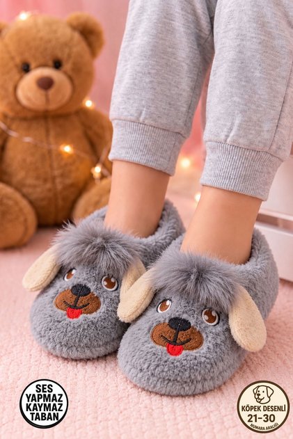 Köpek Figür Peluş Çocuk Ev Botu Panduf Yumuşak Tüylü Kaydırmaz Sessiz Taban Kreş Ev Günlük