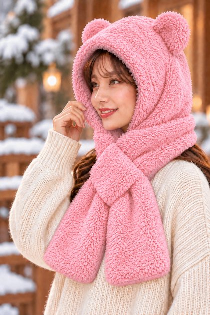 Mellow Hooded Balaclava Plush Beanie Scarf Women's Welsoft Fleece Neck Collar Shawl Stylish Soft Textured Windproof Earflap Hat