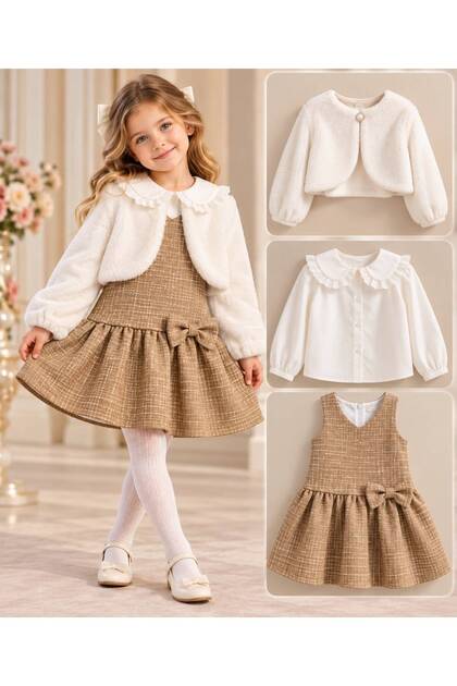3-Piece Girl's Dress with Bow, Bolero, Collar and Badge, Ages 2-9