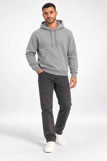 Men's Gray Sweatshirt Soft Textured Hooded Sweatshirt with Side Pockets Relaxed Fit