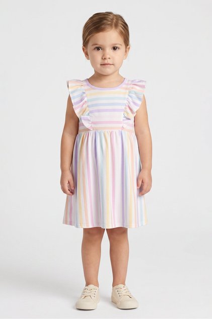 Toddlers Girl Stripe Ruffle Sleeve Dress, Multicolor