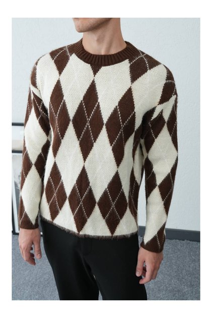 Men's Diamond Patterned Crew Neck Knit Sweater