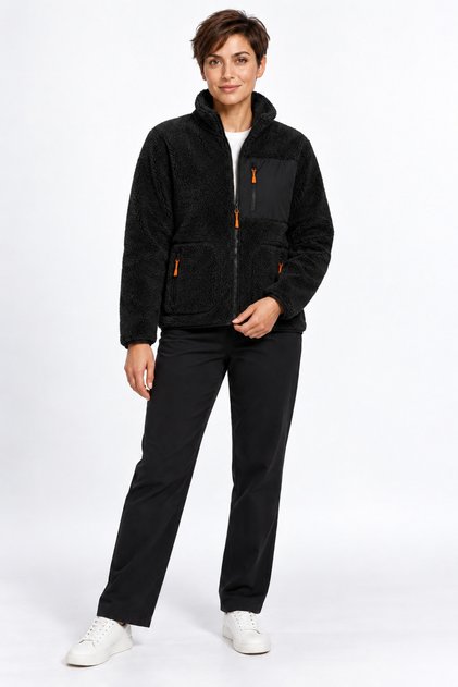 Women's Black Color Soft Welsoft Fleece Jacket with Zipper and 3 Pockets