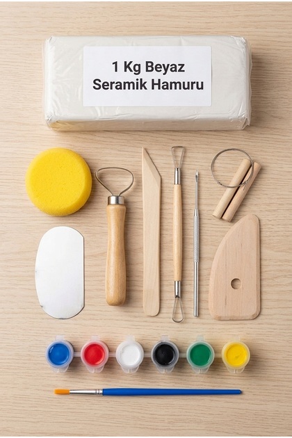 Seramik Başlangıç Seti - 1 Kg Seramik Hamuru ( Beyaz Kil ), Ahşap Ebeşuar Seti, 6 Renk Boya Ve Fırça