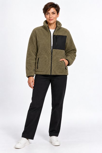 Women's Khaki Color Soft Welsoft Fleece Jacket with Zipper and 3 Pockets