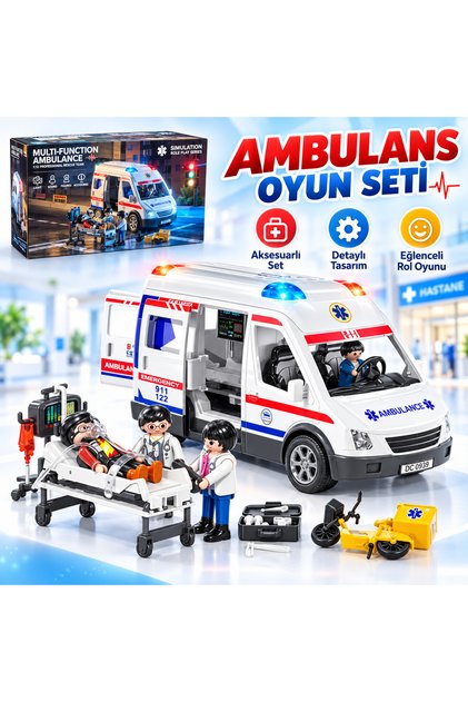 Işıklı Sesli Ambulans Doktor Oyun Seti – Sedye, Hasta ve Sağlıkçı Figürleri, Medikal Aksesuarlar, Açılabilir Kapılı Büyük Ambulans