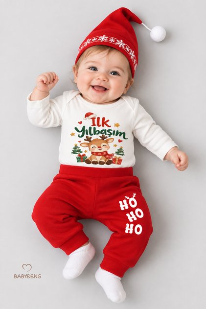 Baby New Year's Set My First New Year's Printed Christmas Outfit 100% Cotton 3-Piece Bodysuit Pants Christmas Hat New Year's Costume