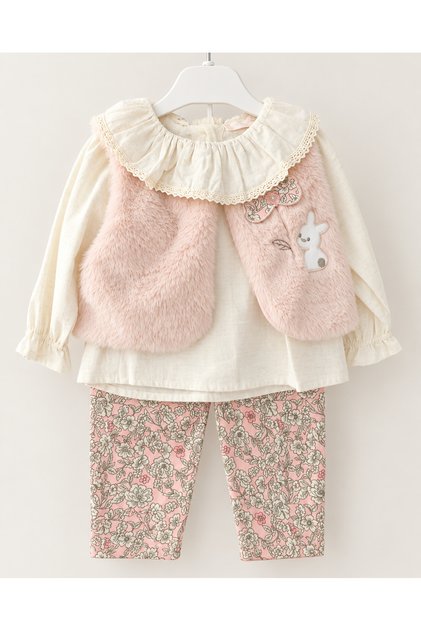 Children, Girls, Powder Plush Vest, Ecru Blouse and Floral Patterned Trousers, 3-Piece Set