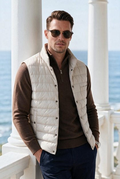 Men's Slim Fit Water and Windproof Cream Puffer Vest – Stand Collar with Snap Fasteners 2701708