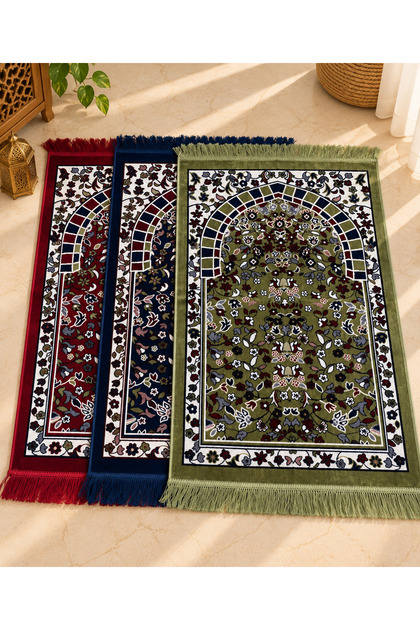 Luxury Velvet Woven Prayer Rug 3-Pack Soft Textured Fringed Ravza Patterned Prayer Rug Green Burgundy Navy Blue