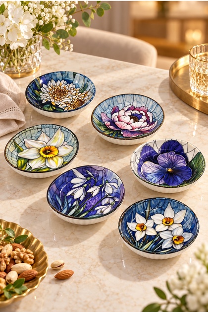 6’lı Çiçek Desenli Çerezlik Seti 13 CM – Renkli Dekoratif Sunumluk, Kahvaltılık, Reçellik, İkramlık Kase Takımı