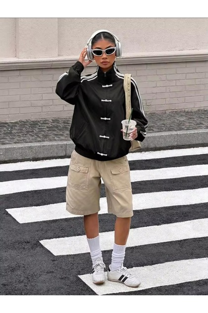 Çift Çizgili Oversize China Unisex Ceket
