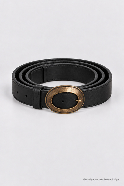 Antique Oval Buckle Faux Leather Belt Lkm0005 Black