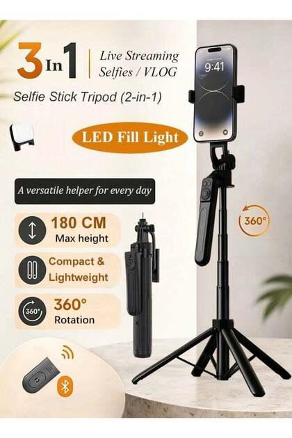 180cm Selfie Stick Tripod with 10m Bluetooth Remote Control & Fill Light