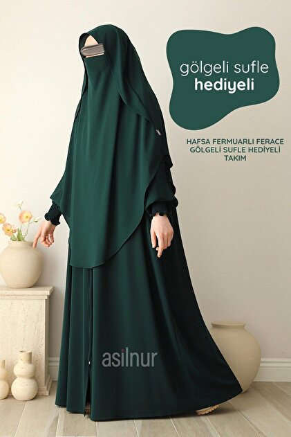 Hafsa Fermuarlı Ferace Gölgeli Sufle Hediyeli Takım Zümrüt Yeşili