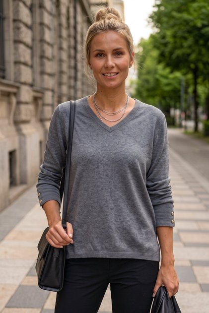 Gray Melange V-Neck Long Sleeve Ribbed Sleeve End Decorated Buttoned Casual Knitwear Sweater 66 62