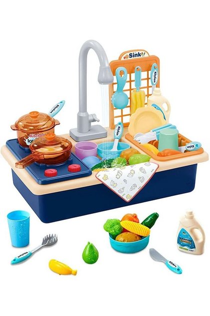 Pretend Play Kitchen Sink and Stove Toy Set with Running Water,Kids Cookware and Play Food Accessories