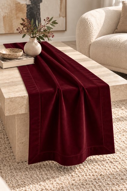 Kadife Kaliteli Kumaştan Bordo Tonlarında Runner 45 x 150 | Leke Tutmaz/Dertsiz