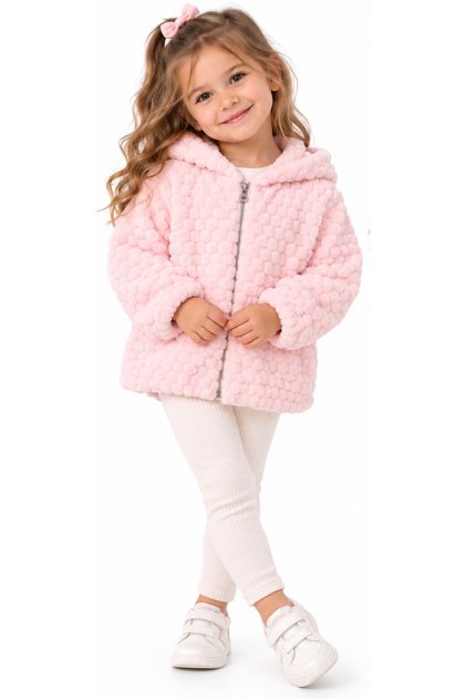 Girl's Zipper Closure Hooded Powder Color Plush Cardigan