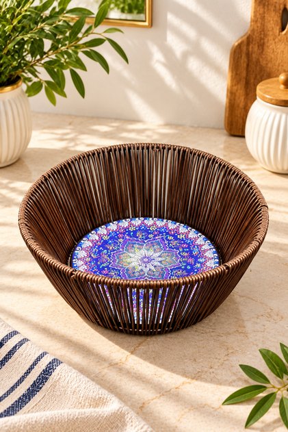 Rattan Brown Round Plastic Tile Pattern Bread Basket Organizer 25*12cm