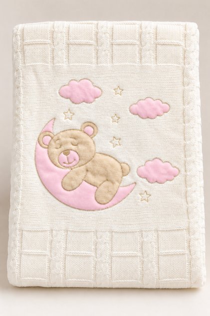 Soft Teddy Bear Embroidered 90X90 Welsoft Knitwear Baby Blanket