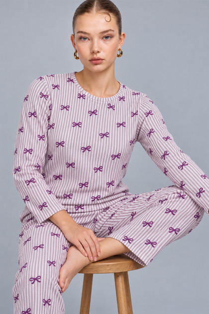 Women's Striped Comfortable Patterned Double Purple Pajama Set 4809