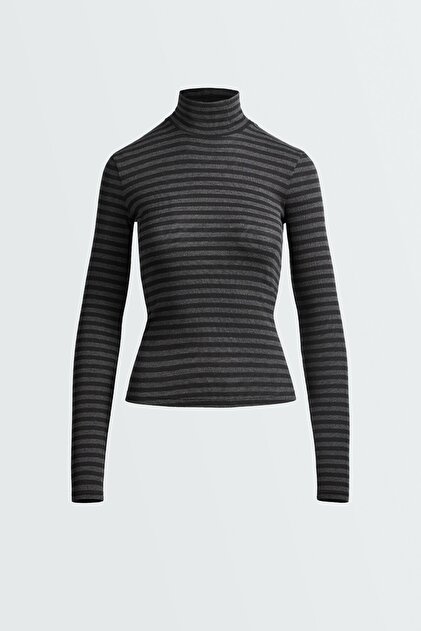 Çizgili yüksek yakalı base layer t-shirt