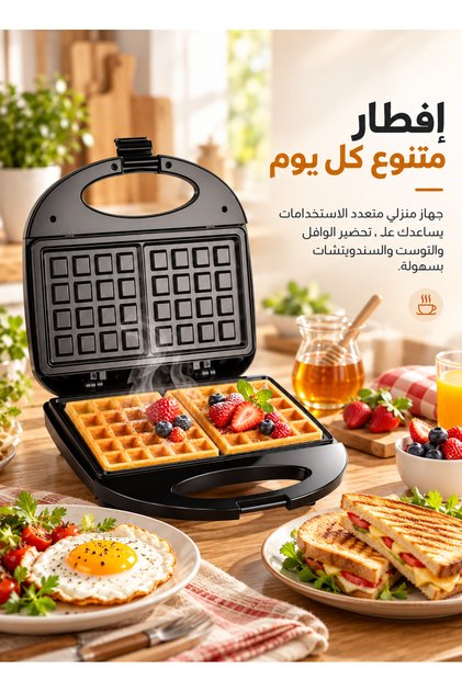3-in-1 Breakfast Maker 750W, Waffle Maker, Sandwich & Toast Maker with Non-Stick Plates, Egg Frying, Compact Design