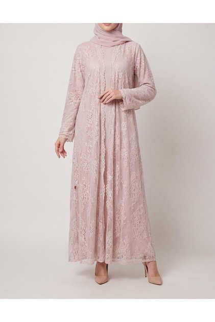 Soft Pink French Lace Abaya with Pockets