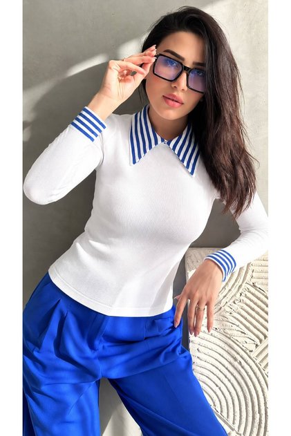 Women's White Saks Polo Collar Ribbed Knitted Blouse