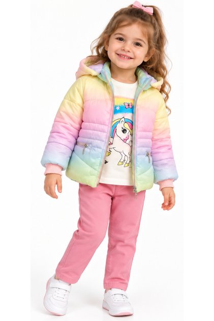 Girl's Rainbow Colored Coat, Long Sleeve, and Trousers Three-Piece Set