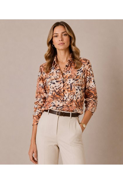 Women's Viscose Tiger Patterned Long Sleeve Buttoned Colored Shirt
