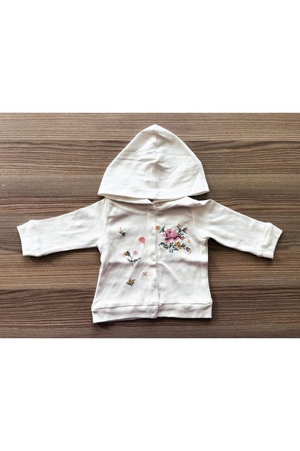 100% Cotton White Color Floral Cross-Stitch Embroidered Combed Cotton Hooded Jacket/Cardigan/Top Wear for 3-6 Months Baby Girl