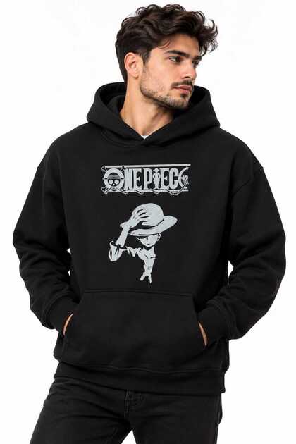 One Piece Luffy Baskılı Siyah Kapüşonlu Oversize Hoodie – Unisex