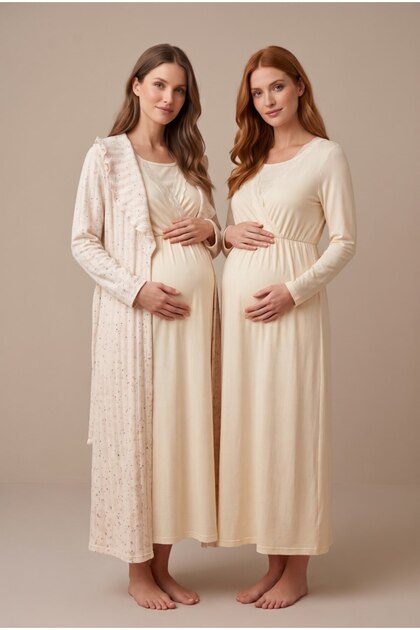 Women's Beige Shawl Collar Lace-Up Maternity Nightgown Set with Easy Breastfeeding Dressing Gown