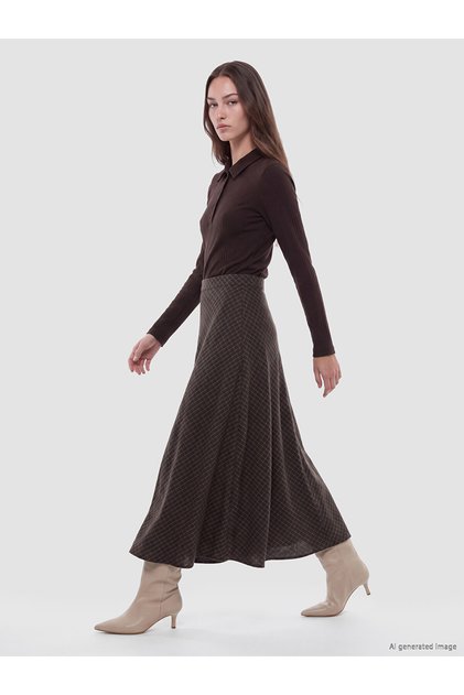 Gencc Quality Lcw Modest Khaki Poplin Plaid Long Women's Skirt