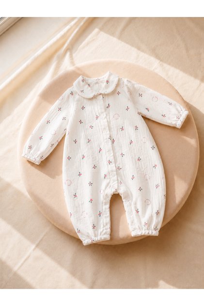 Gots Certified 100% Cotton Muslin Floral Patterned Natural Breathable Baby Girl Romper