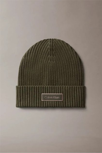 Patch Chunky Rib Cotton Beanie Erkek Bere Yeşil