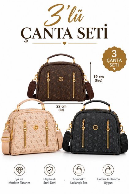 Women's Patterned Daily Crossbody Bag – Black - Beige - Brown with Gold Zipper Detail