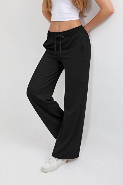 Kadın Siyah Beli Lastikli Cepli Bol Paça Pantolon - H6176